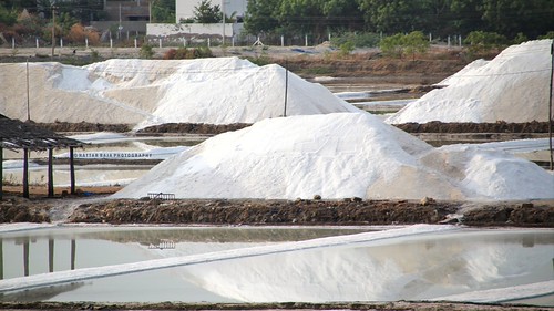 White salt mounds piled beside brine reservoirs at a salt works