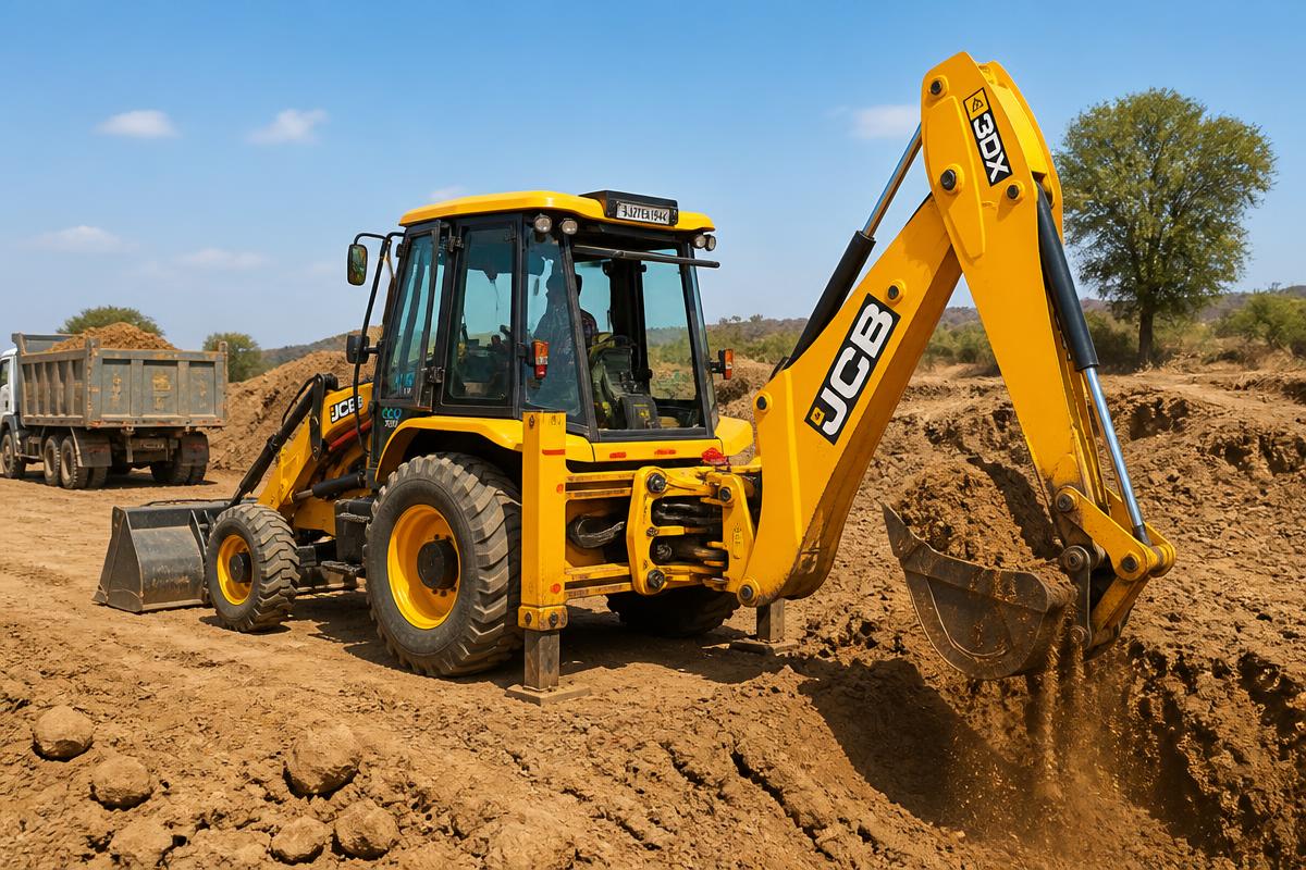 Yellow JCB 3DX excavator at an earthworks site
