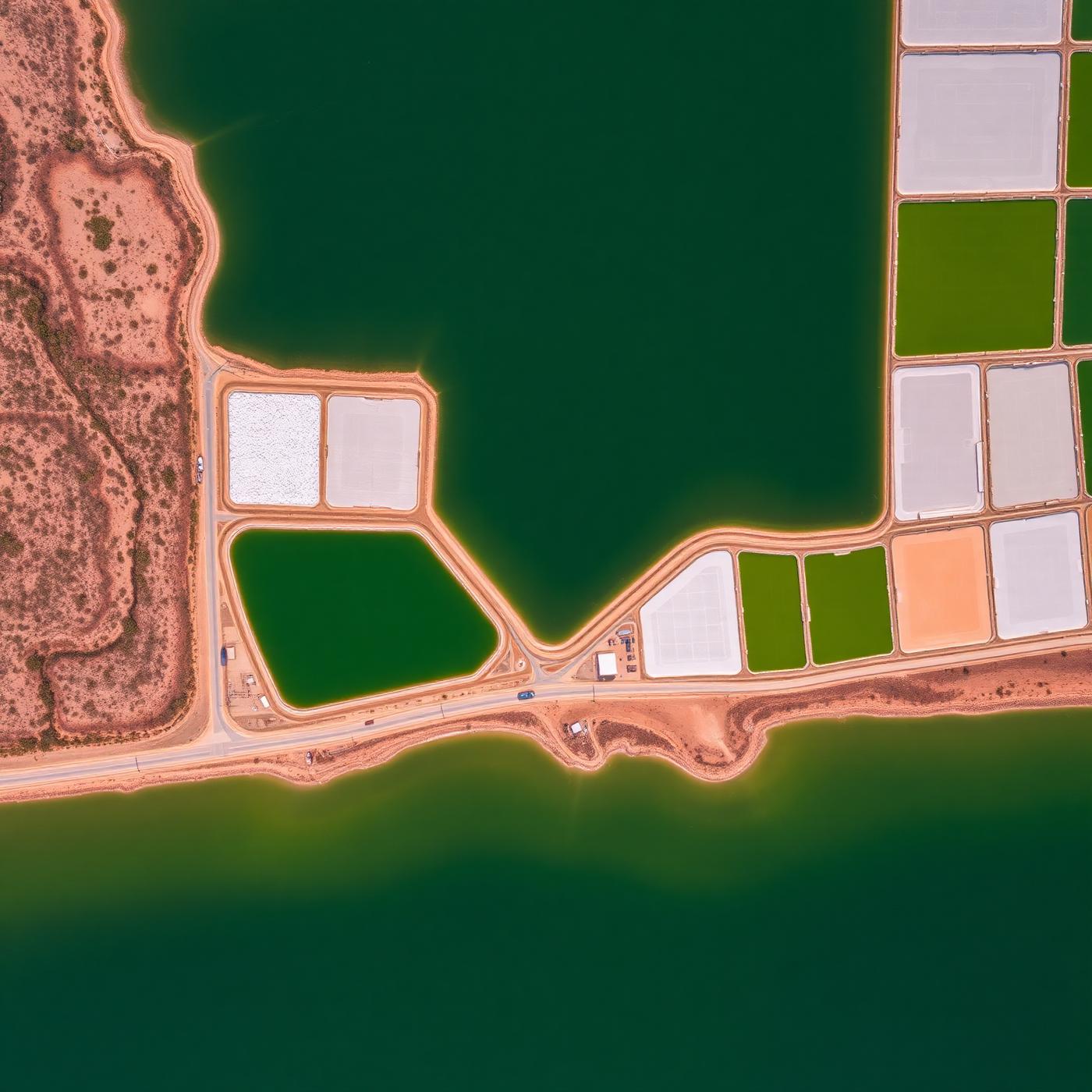 Aerial top-down view of geometric salt pan fields along the coast