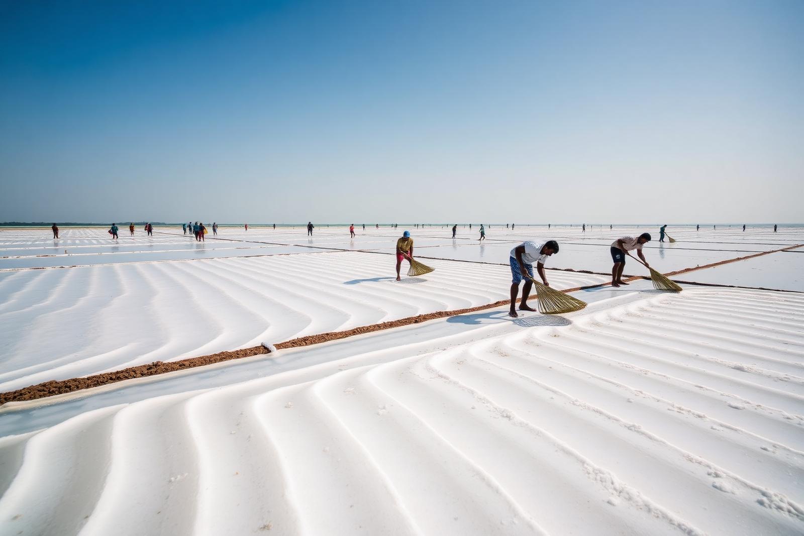 Workers raking white salt into ridges across shallow evaporation pans