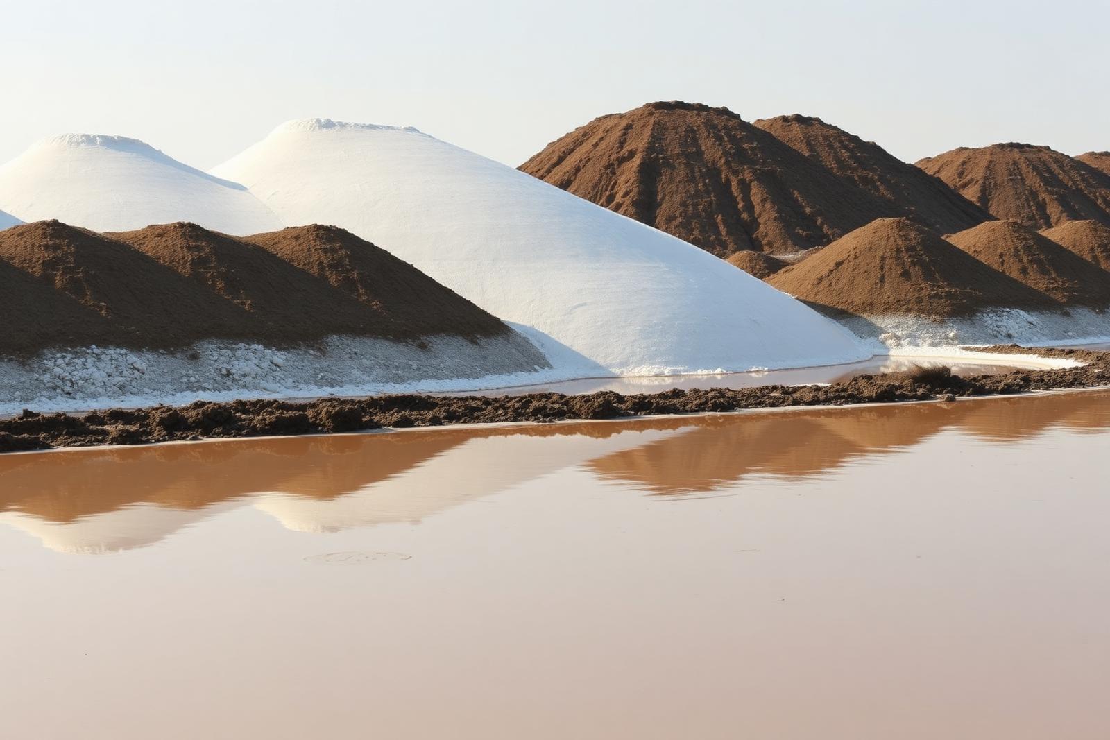Salt and earth mounds reflected in a still brine pool