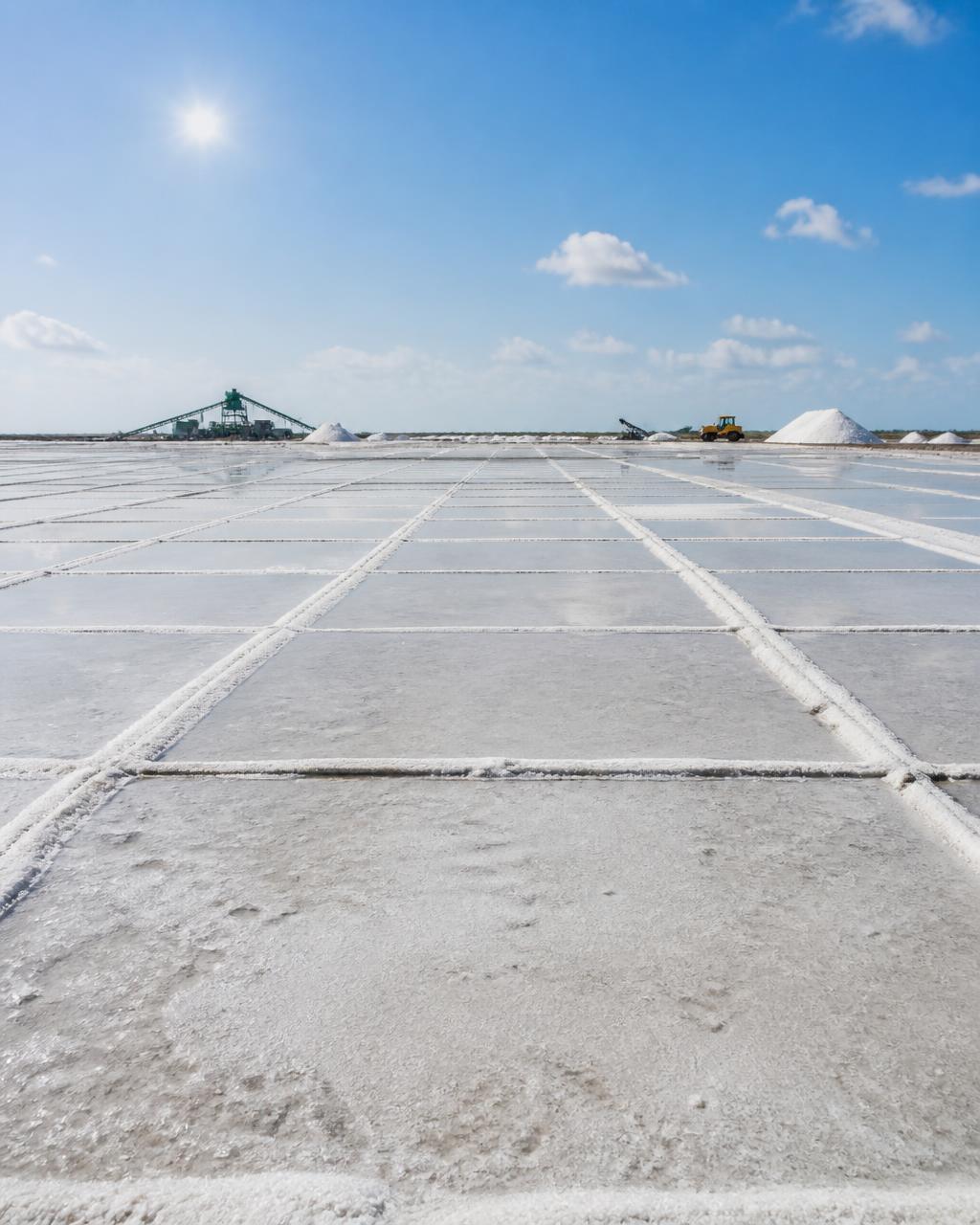 Geometric salt pans in Thoothukudi with industrial machinery on the horizon